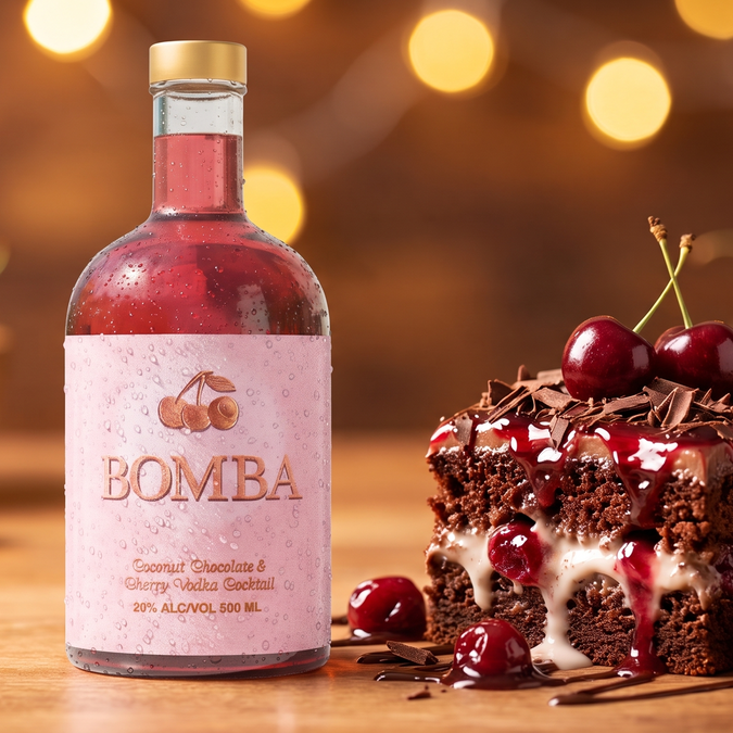 Bunsters Bomba vodka in a cherry and chocolate dessert scene