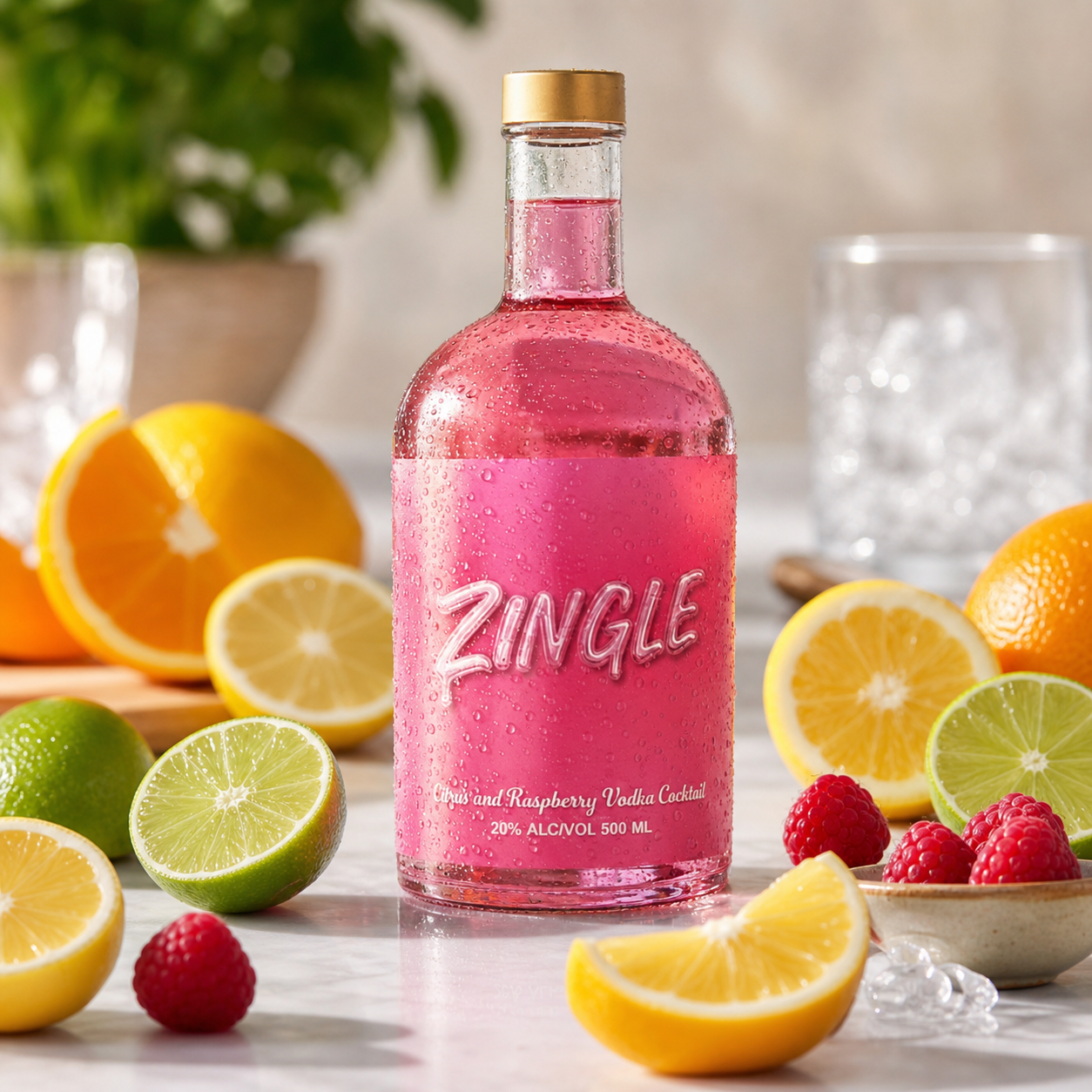Bunsters Zingle vodka in a colourful cut-fruit setting