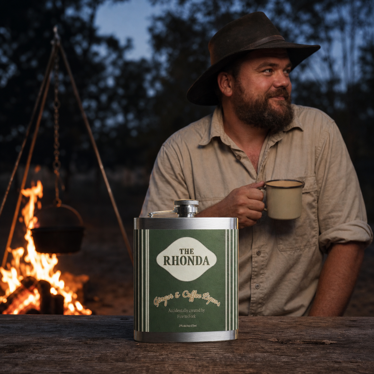 Harry from Fire to Fork at a bush camp with The Rhonda ginger and coffee liqueur flask