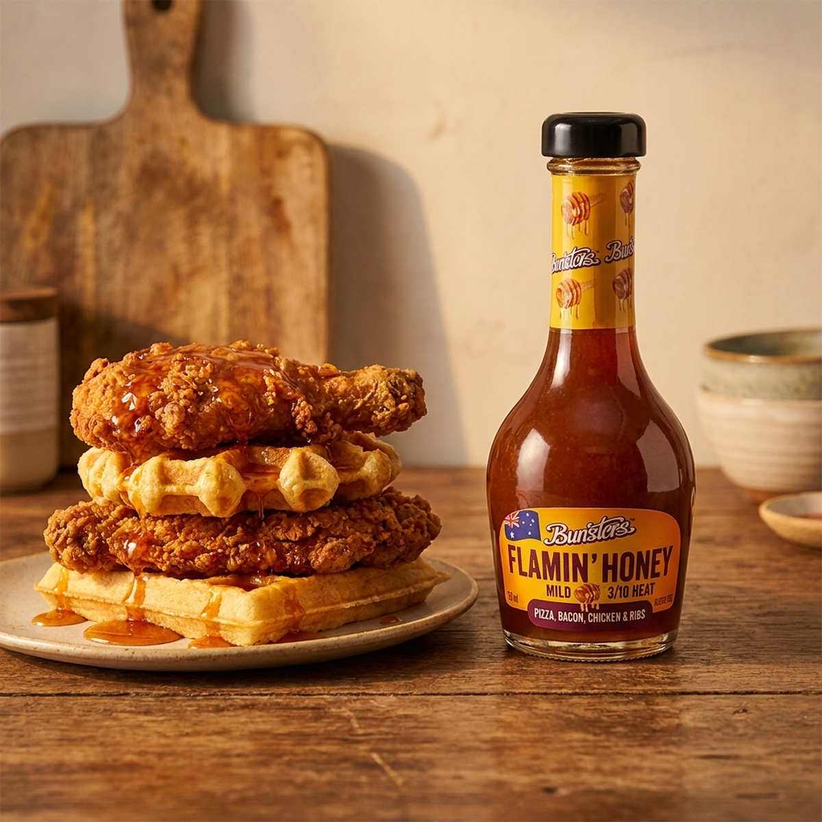 Flamin Honey hot sauce with fried chicken and waffles