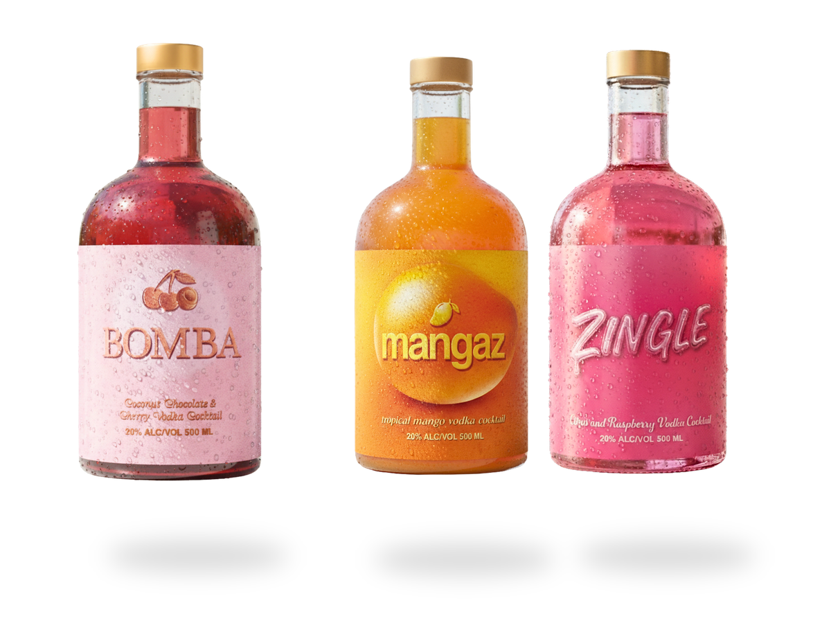 Bunsters Bomba Mangaz and Zingle bottles on transparent background